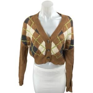 Garage Brown Long Sleeve Plaid Button Down V Neck Cropped Cardigan Sweater S